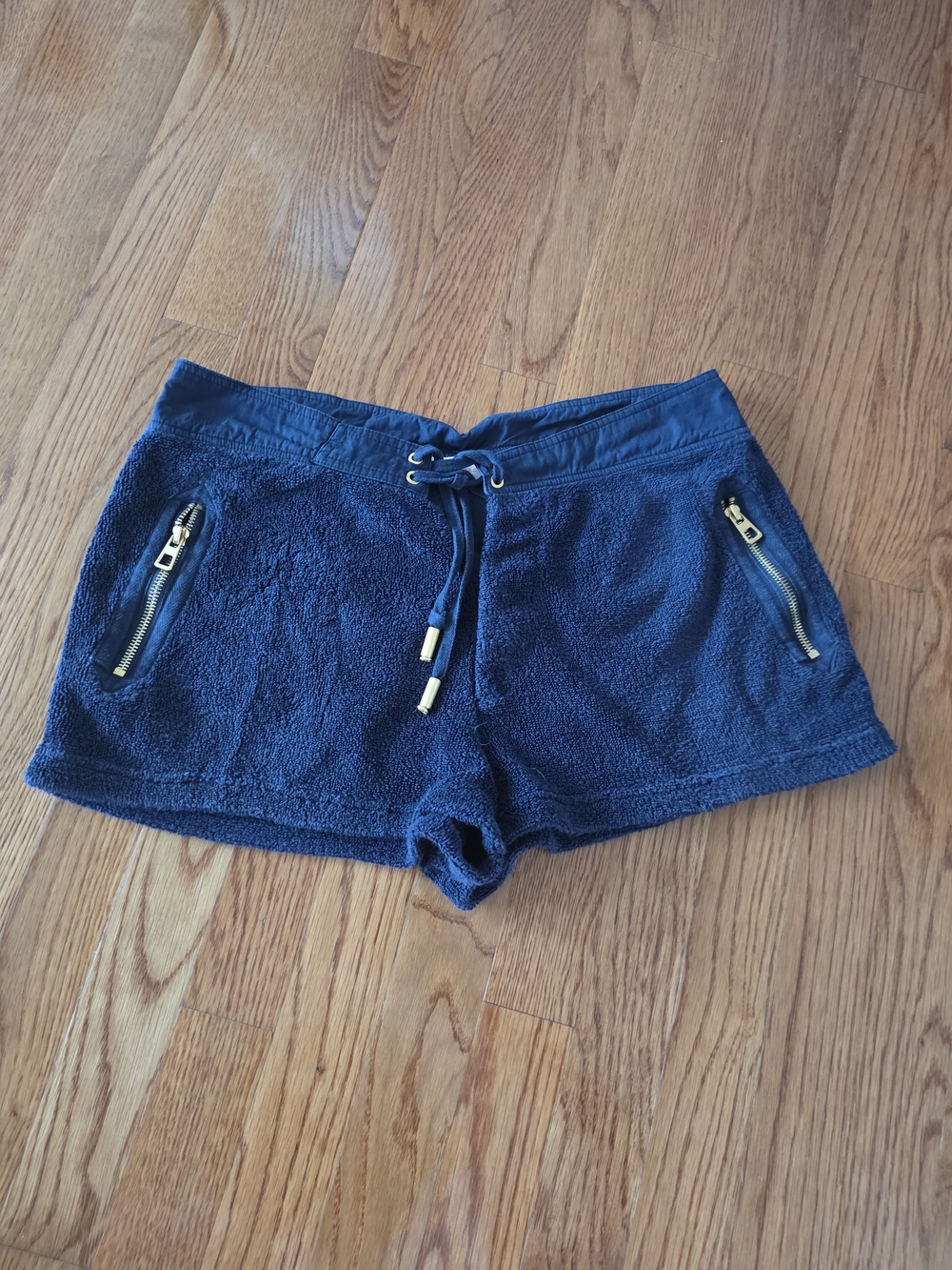 Tory Burch Navy Terry Drawstring Zip Pocket Shorts with Gold Hardware